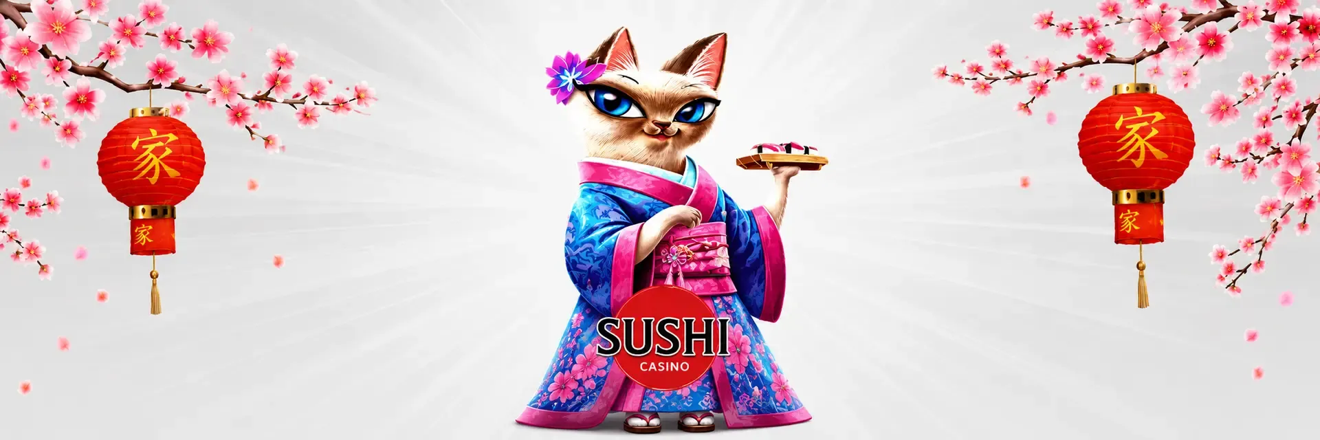 Sushicasino artwork with mascot and cherry blossom branches