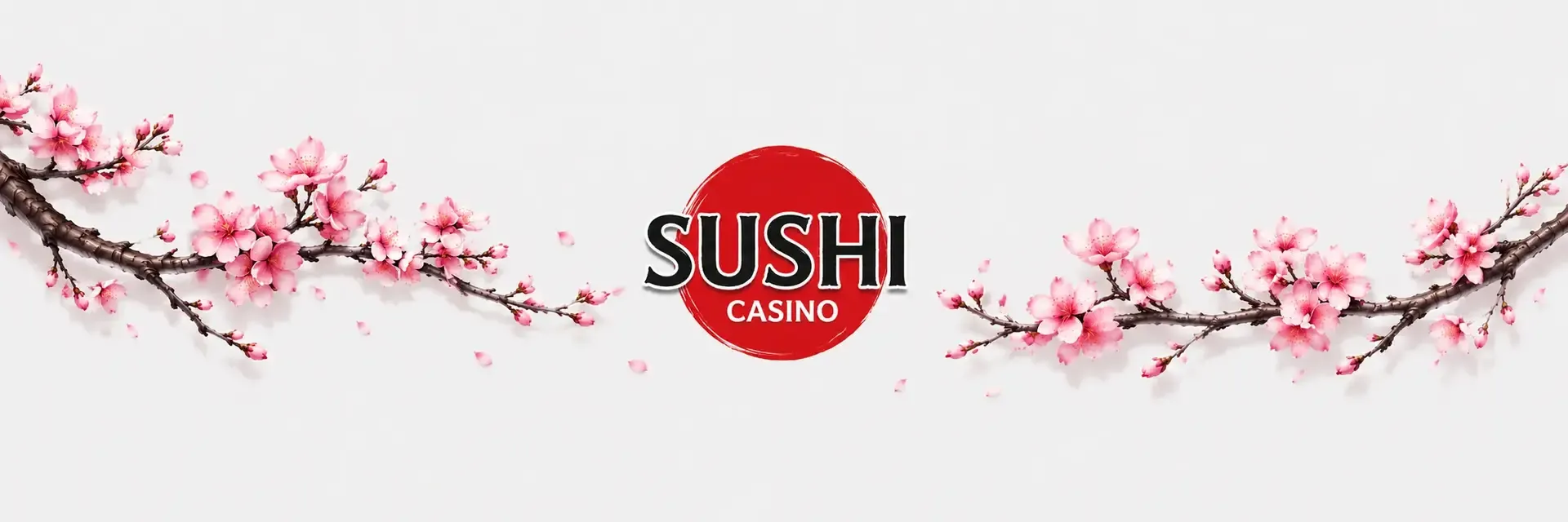 Sushi Casino brand banner with sakura flowers, slots and casino gaming theme