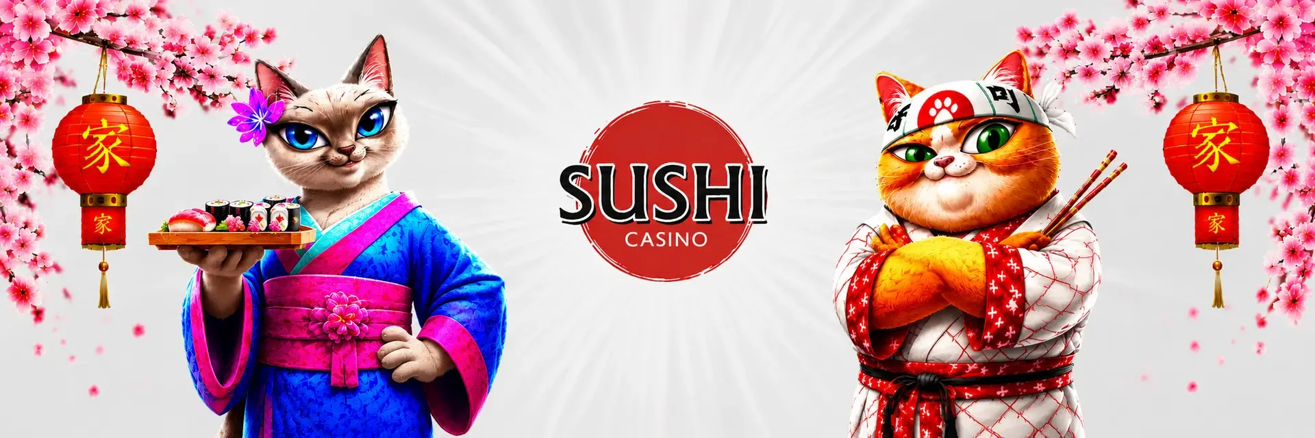 Sushi Casino Σουσι καζινο banner with Japanese-inspired mascots and sakura petals